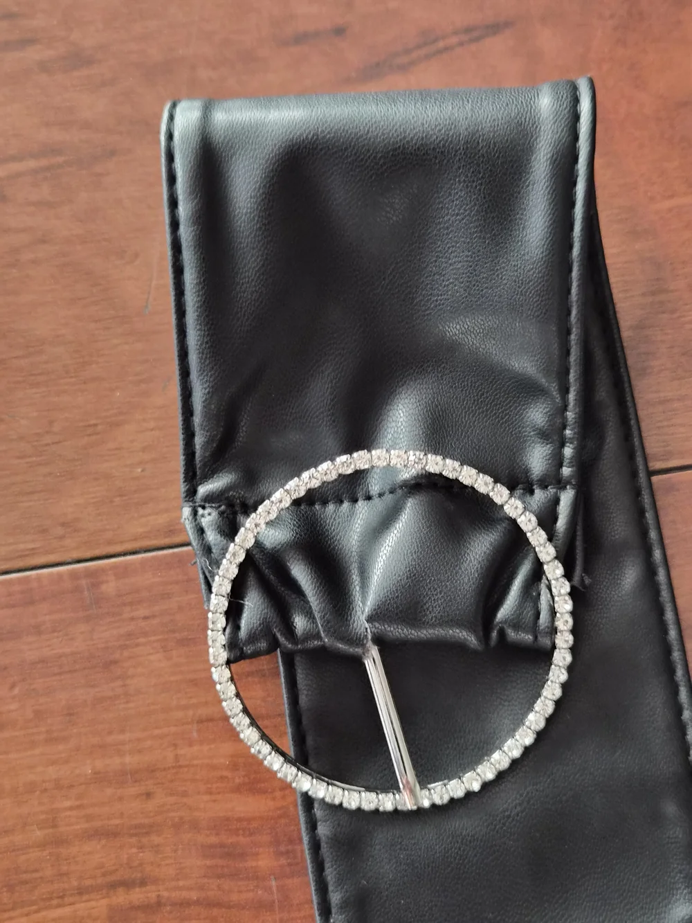 Black Faux Leather Wide Statement Belt with Rhinestone Buckle